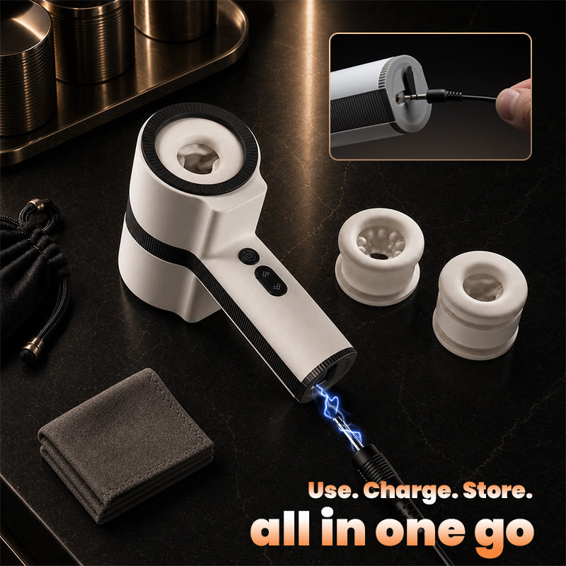 Raiden stroker with charging cable, storage pouch and two liners