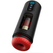 Black heated male stroker angled view with red entrance sleeve