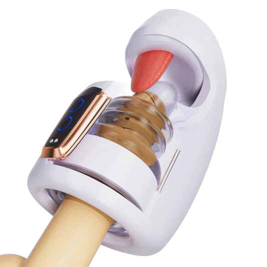 ST-MG-BQ10 automatic glans trainer showing tapping tongue motion and control panel