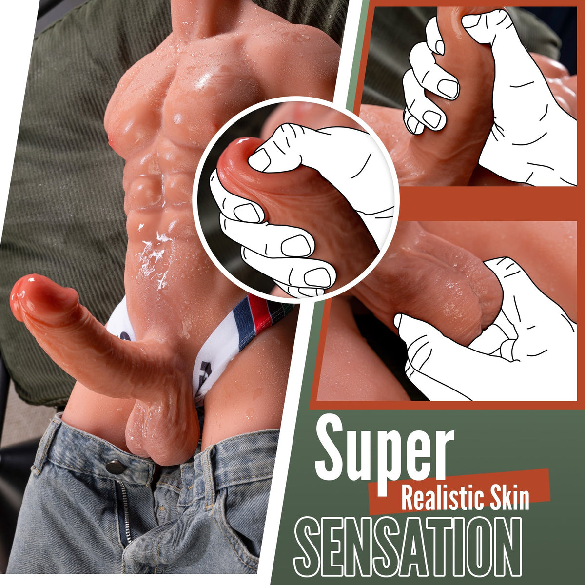 Hand pressing the flexible surface of Rudolph male torso