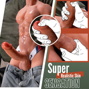 Hand pressing the flexible surface of Rudolph male torso
