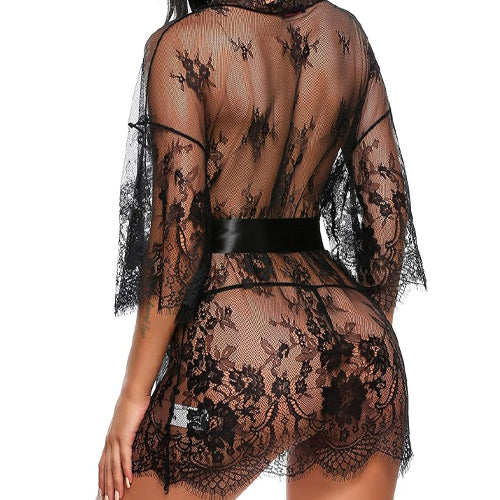 Women's Lace Kimono Robe Babydoll Lingerie Mesh Nightgown S-5XL
