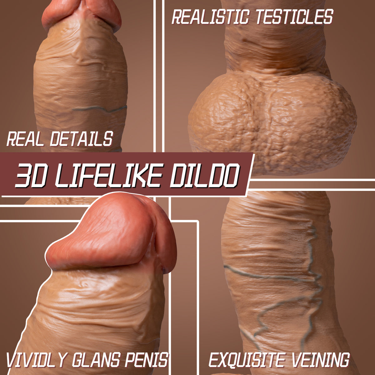 Nick realistic dildo detail collage showing textured shaft and base