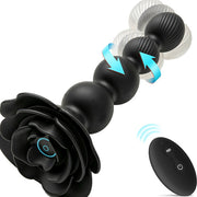 Black rose-shaped anal beads with twisting and in-and-out motion arrows plus remote