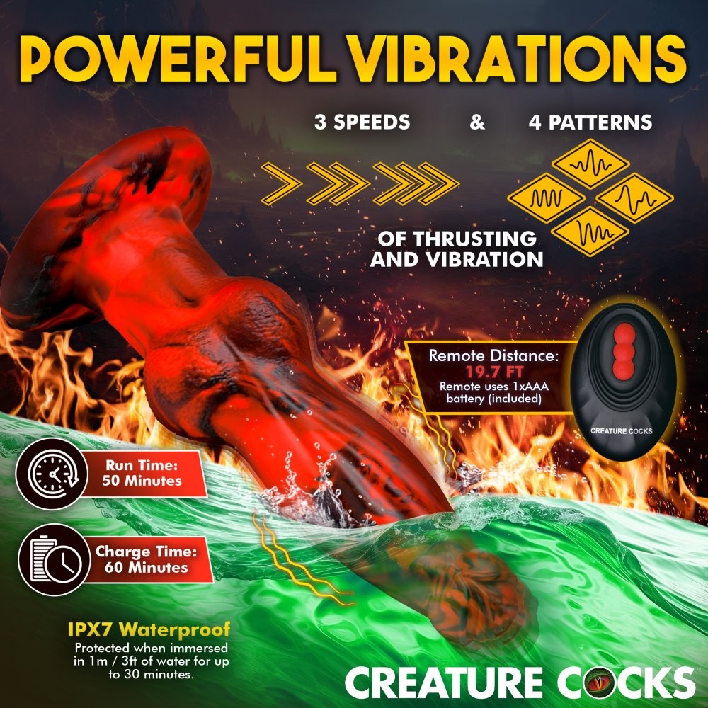 Hell Wolf remote-control thrusting and vibrating silicone dildo, red and black — product view 5