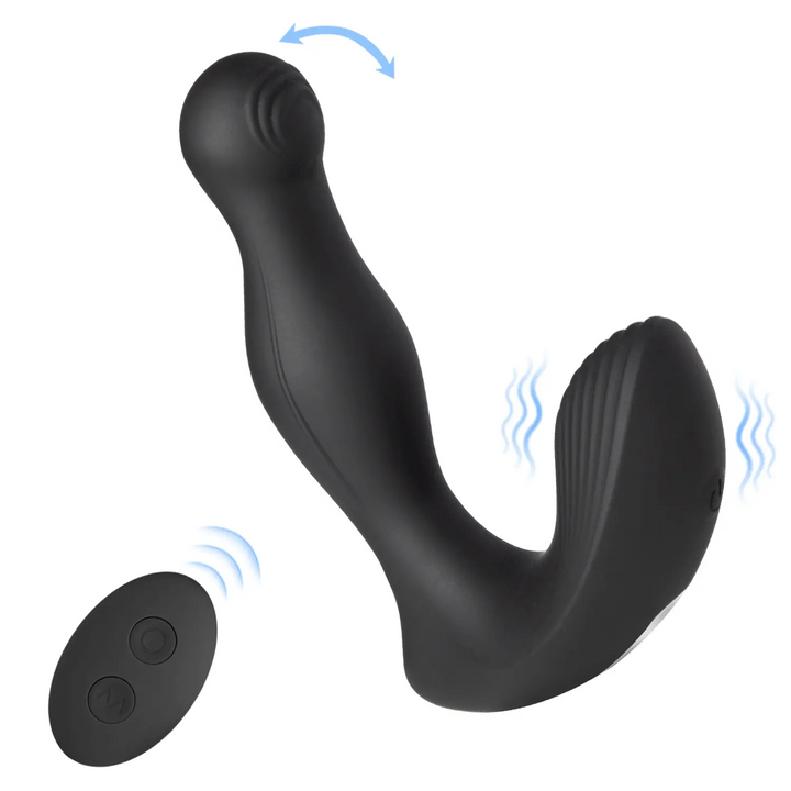 Akira curved prostate massager showing moving rounded tip, ribbed external support and two-button wireless remote