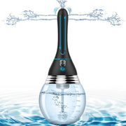 Water jet enema reservoir with internal spray tube and measurement marks