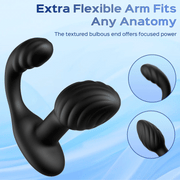 Flexible curved arm and textured bulb ends on rotating anal massager