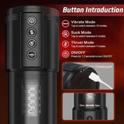Precision Male Stroker with Air-Pressure Stimulation, Thrusting Motion & — feature overview graphic