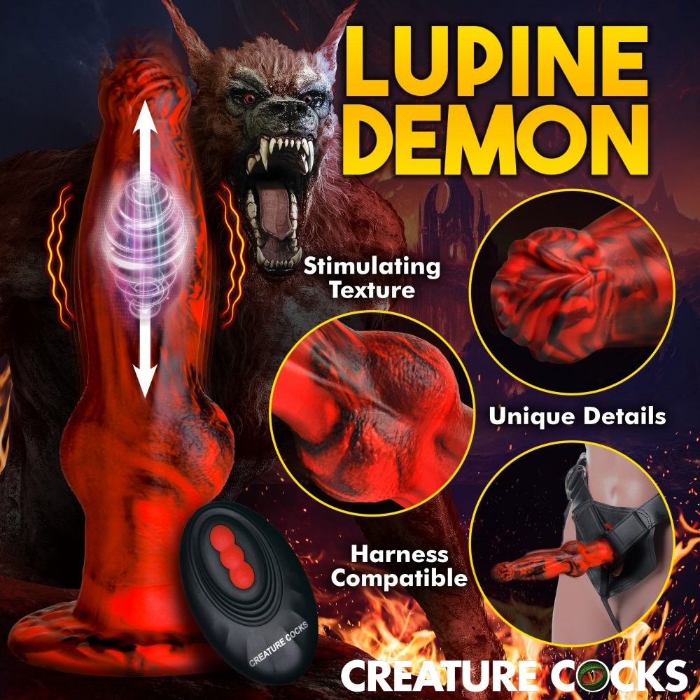 Hell Wolf remote-control thrusting and vibrating silicone dildo, red and black — product view 7