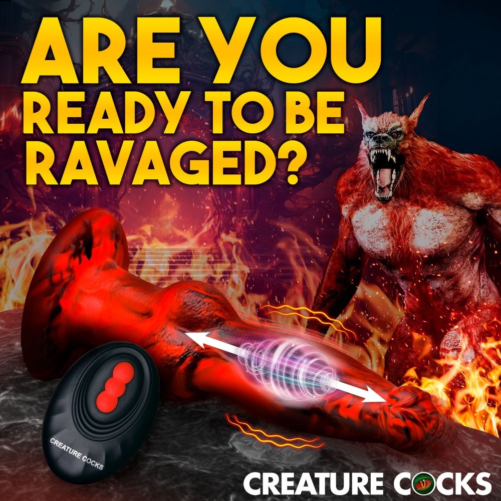 Hell Wolf remote-control thrusting and vibrating silicone dildo, red and black — product view 8