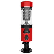 Red automatic stroker with clear textured chamber and suction base, front view