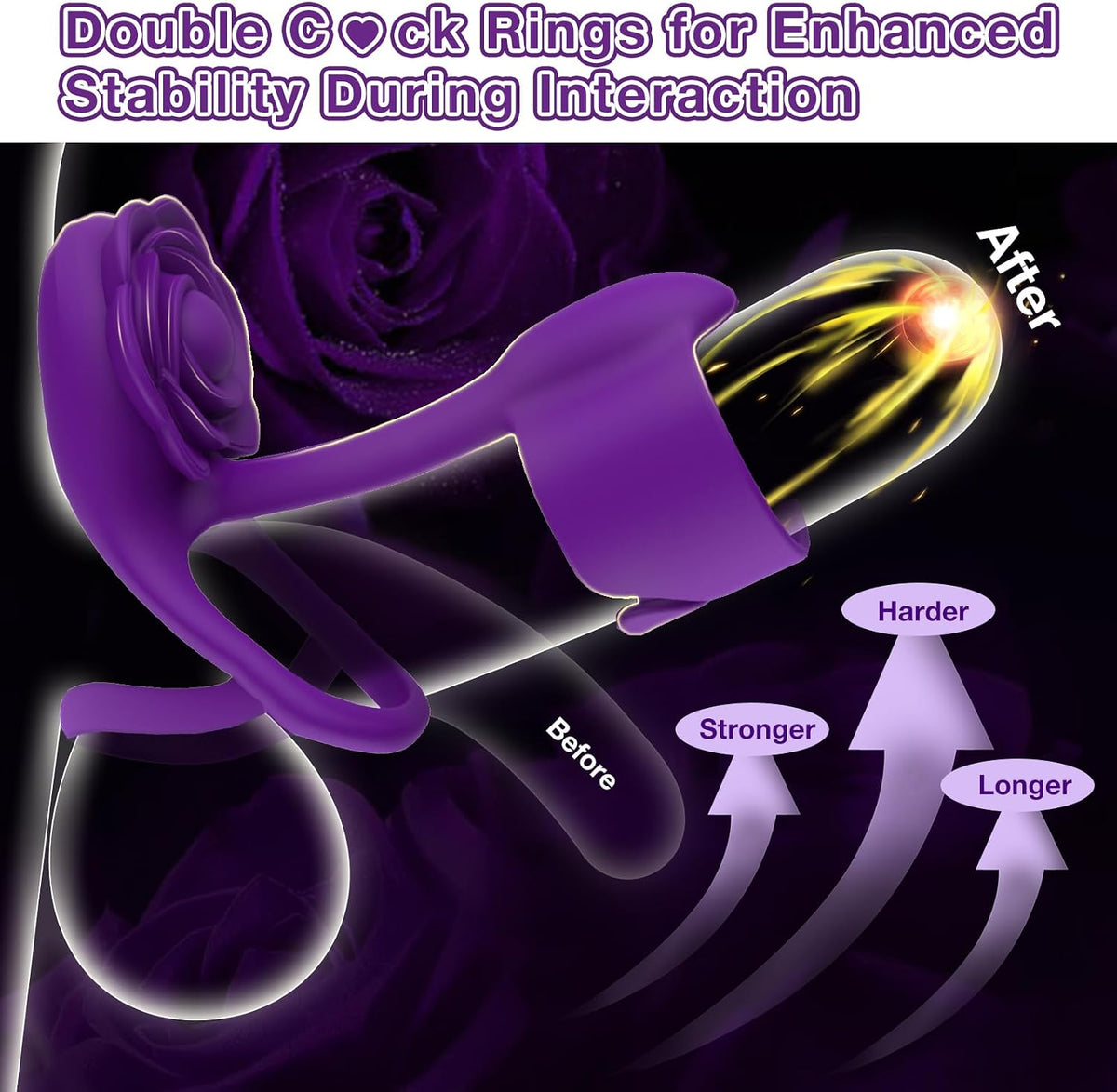 Rose vibrating penis ring with dual loops for stable fit