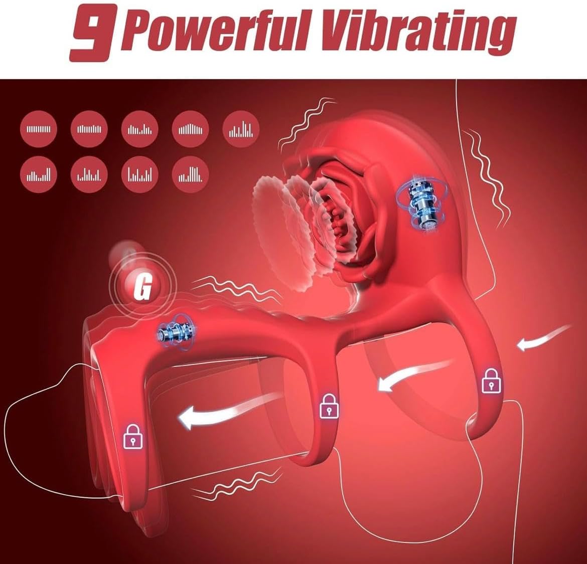 Nine vibration patterns on triple-ring rose vibrator