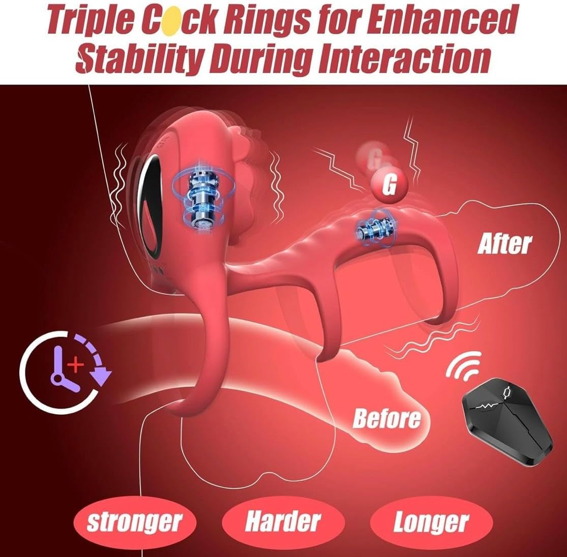 Triple-ring vibrator positioning and external stimulation