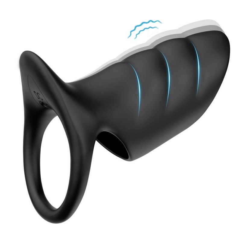 Black vibrating cock ring with flexible sleeve extension