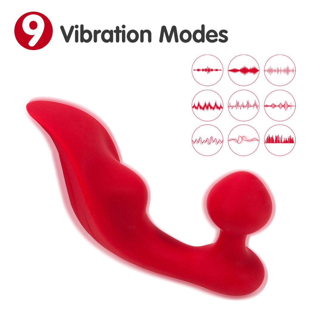 Red curved vibrator with bulbous tip, illustrating 9 vibration modes with waveform graphics.