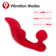 Red curved vibrator with bulbous tip, illustrating 9 vibration modes with waveform graphics.