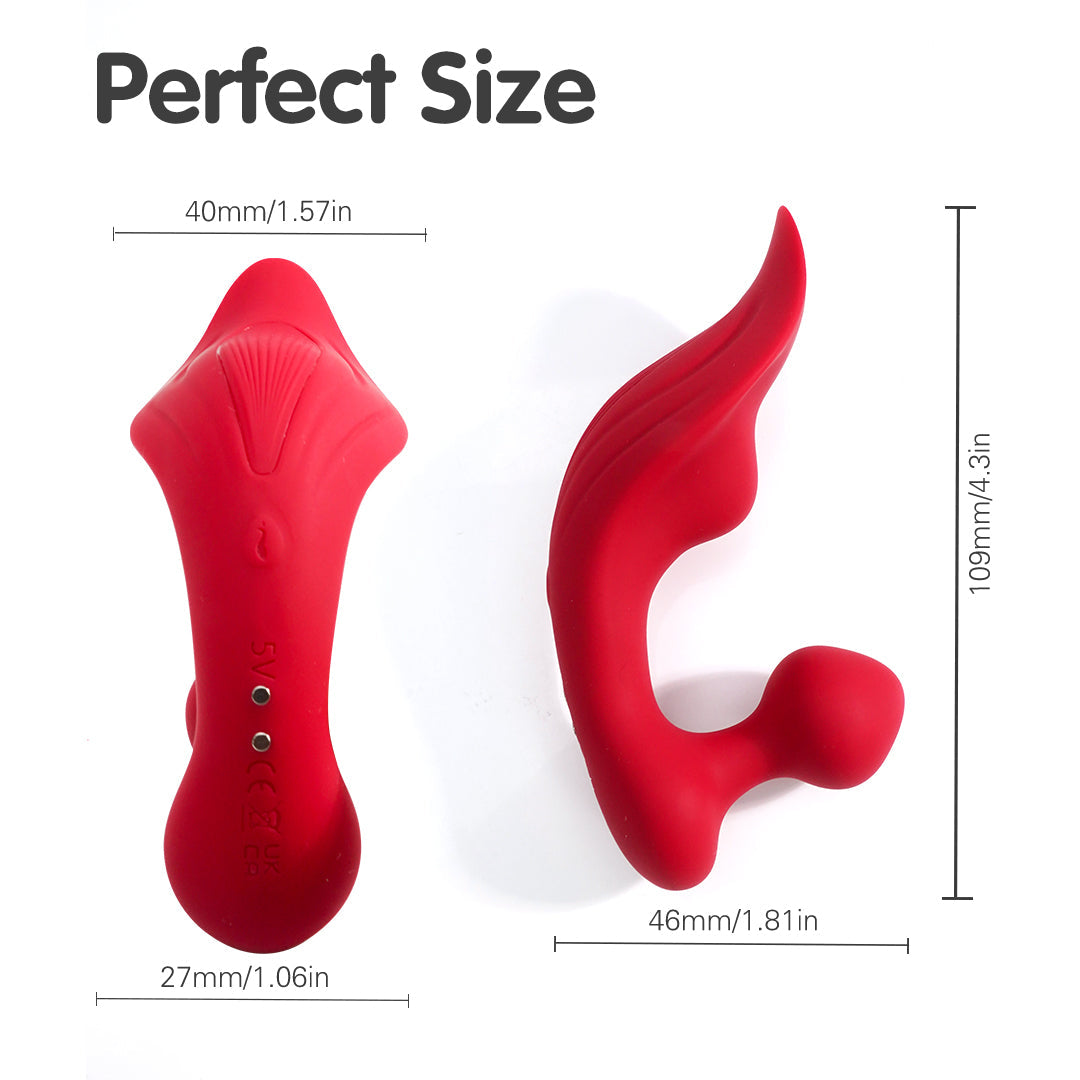 Chomper-RCT red rechargeable clitoral vibrator, showcasing size and dimensions.
