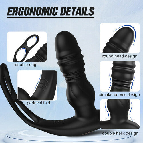 7 Thrusting 7 Vibrating Dual Cock Ring Male Prostate Massager