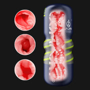 Blue manual stroker with three soft sleeve texture close-ups