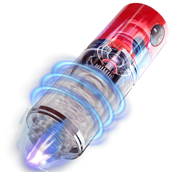 Red automatic stroker with transparent chamber showing rotating motion