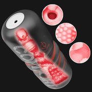 Black manual stroker with three close-up internal texture details
