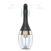 Water jet enema with black curved nozzle and clear reservoir, product view
