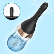 Curved water jet enema showing clear reservoir and five-hole nozzle